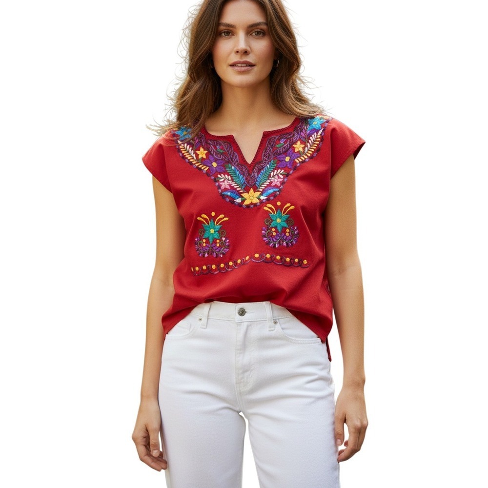 Southwestern Artisan Embroidered Tunic Top Red V Neck Boho Floral Festival